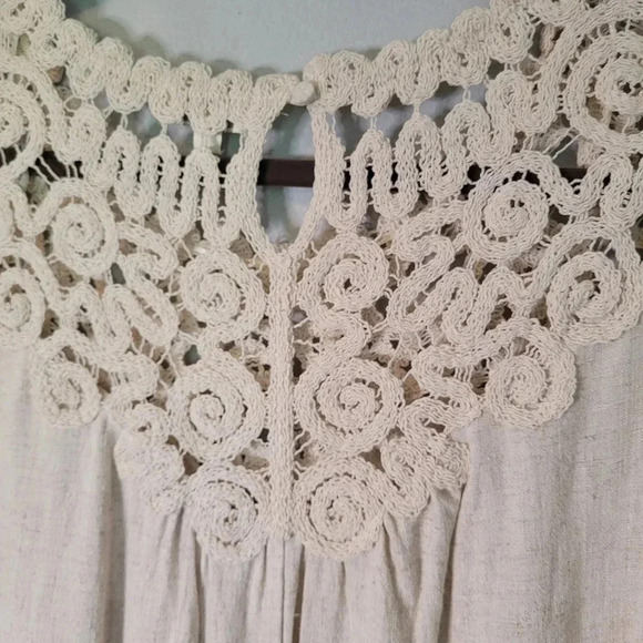 UMGEE linen cotton crochet lace balloon sleeve BOHO blouse top, oatmeal size M - Picture 7 of 9